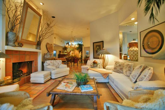 living room overlooks pool area