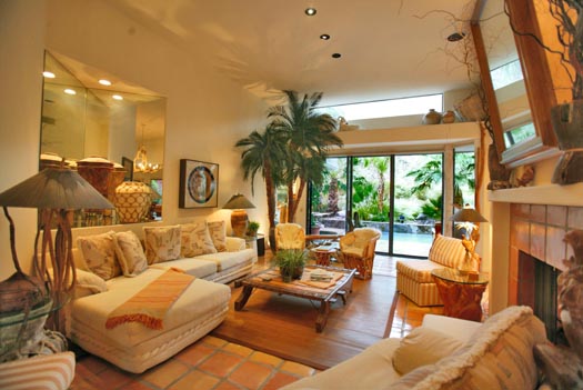 living room overlooks pool area